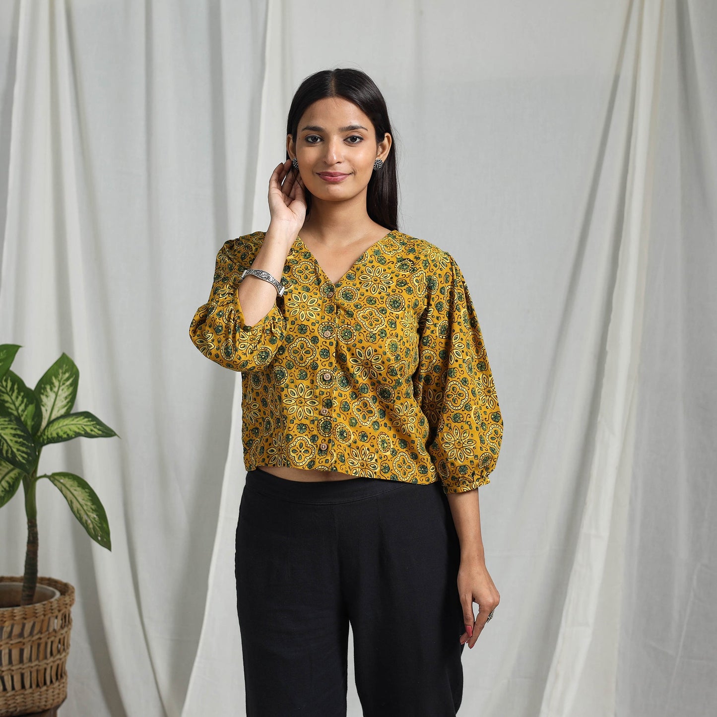 Yellow Block Print Cotton Natural Dyed Ajrakh Crop Top