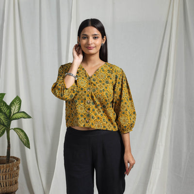 Yellow Block Print Cotton Natural Dyed Ajrakh Crop Top