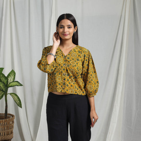 Yellow Block Print Cotton Natural Dyed Ajrakh Crop Top