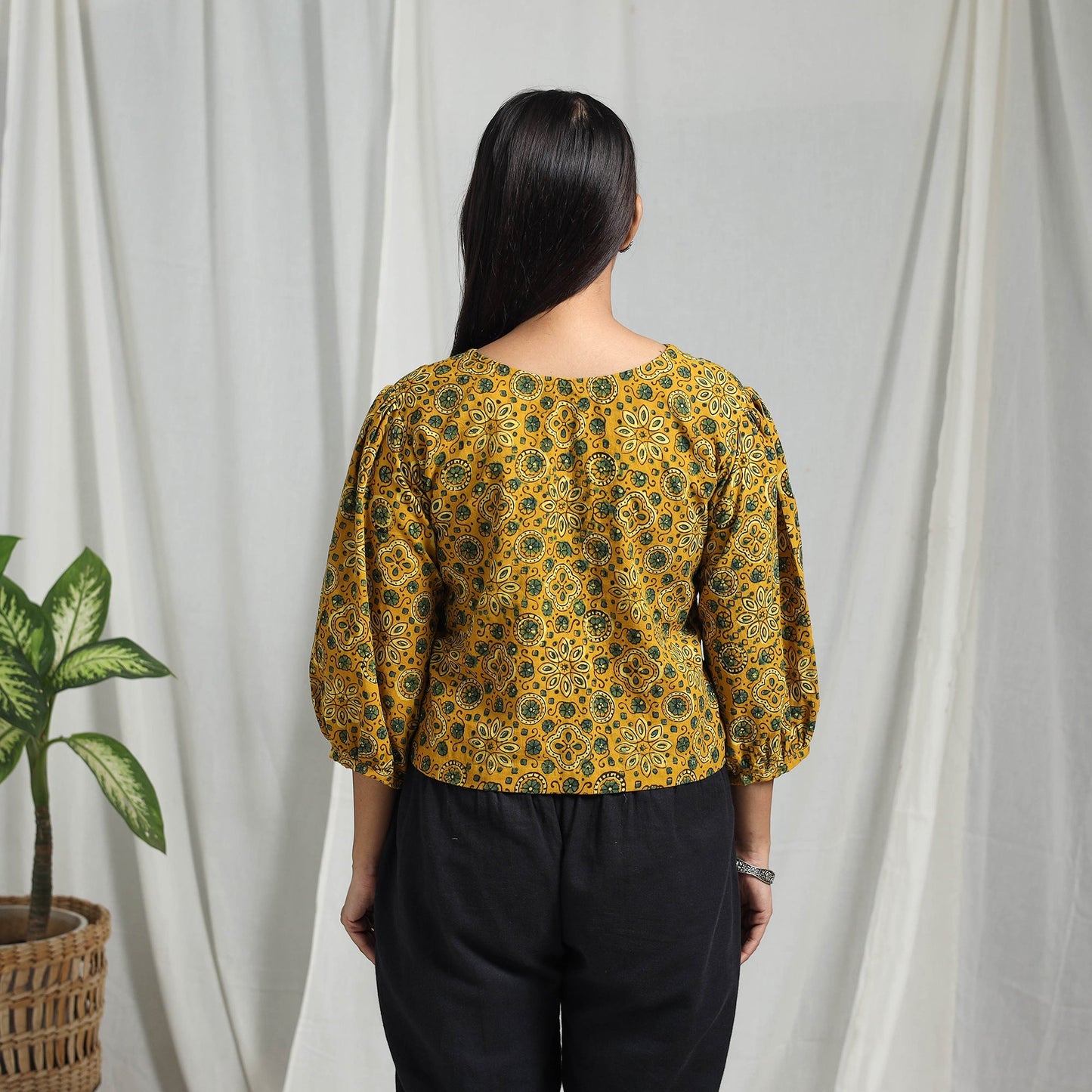 Yellow Block Print Cotton Natural Dyed Ajrakh Crop Top