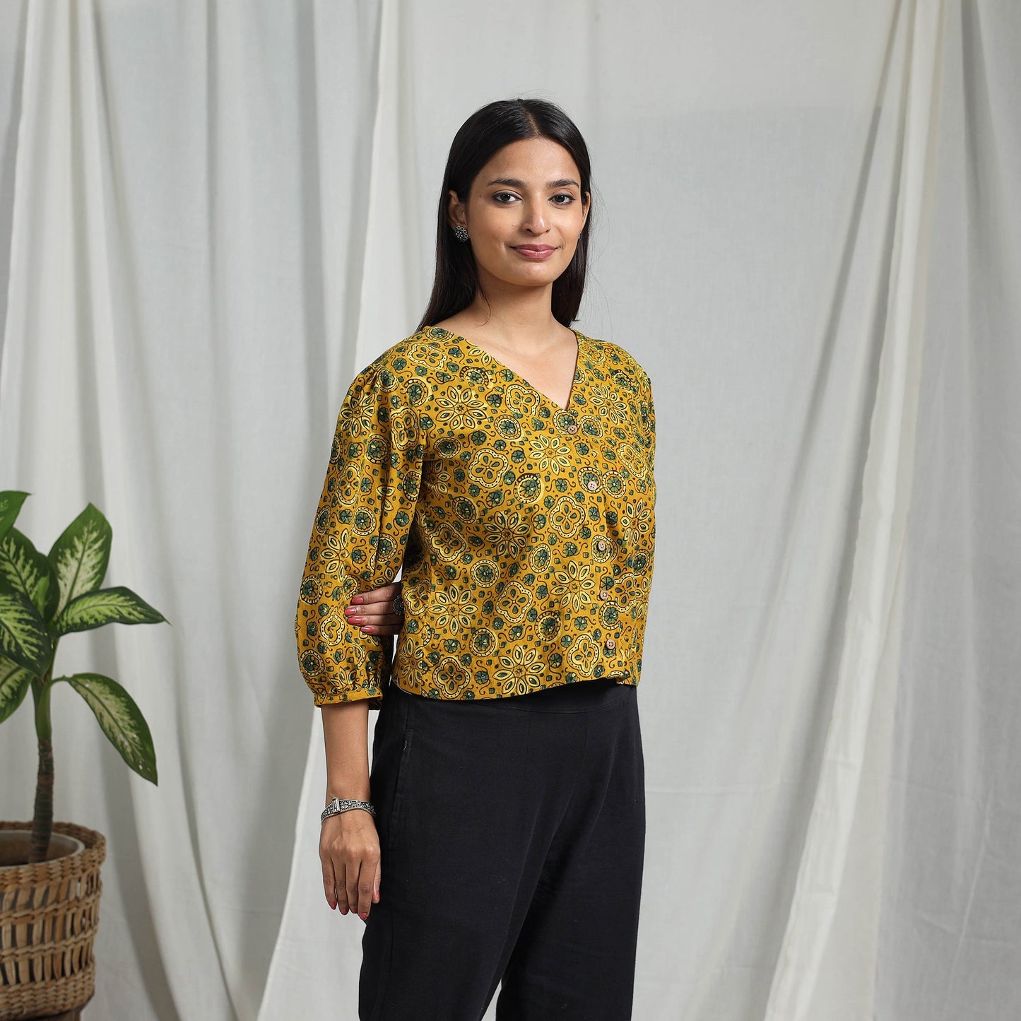 Yellow Block Print Cotton Natural Dyed Ajrakh Crop Top
