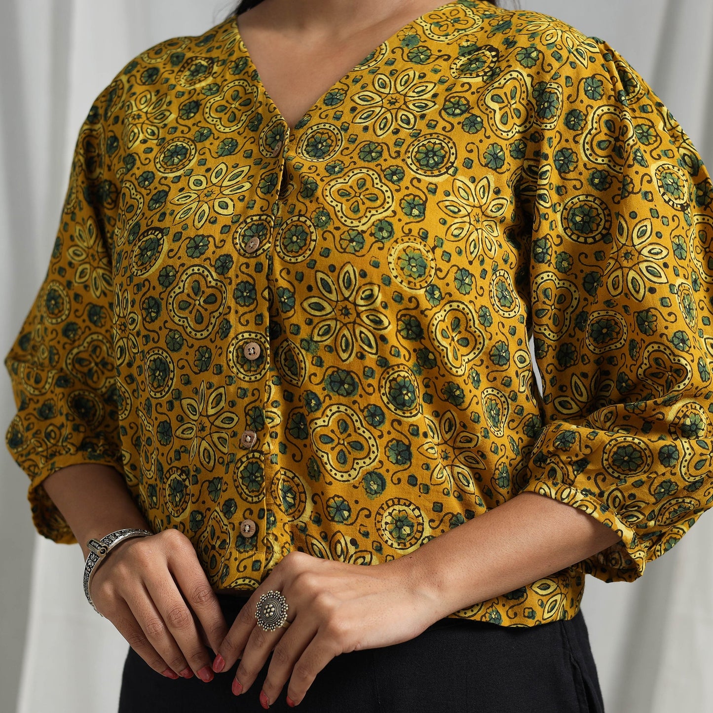 Yellow Block Print Cotton Natural Dyed Ajrakh Crop Top