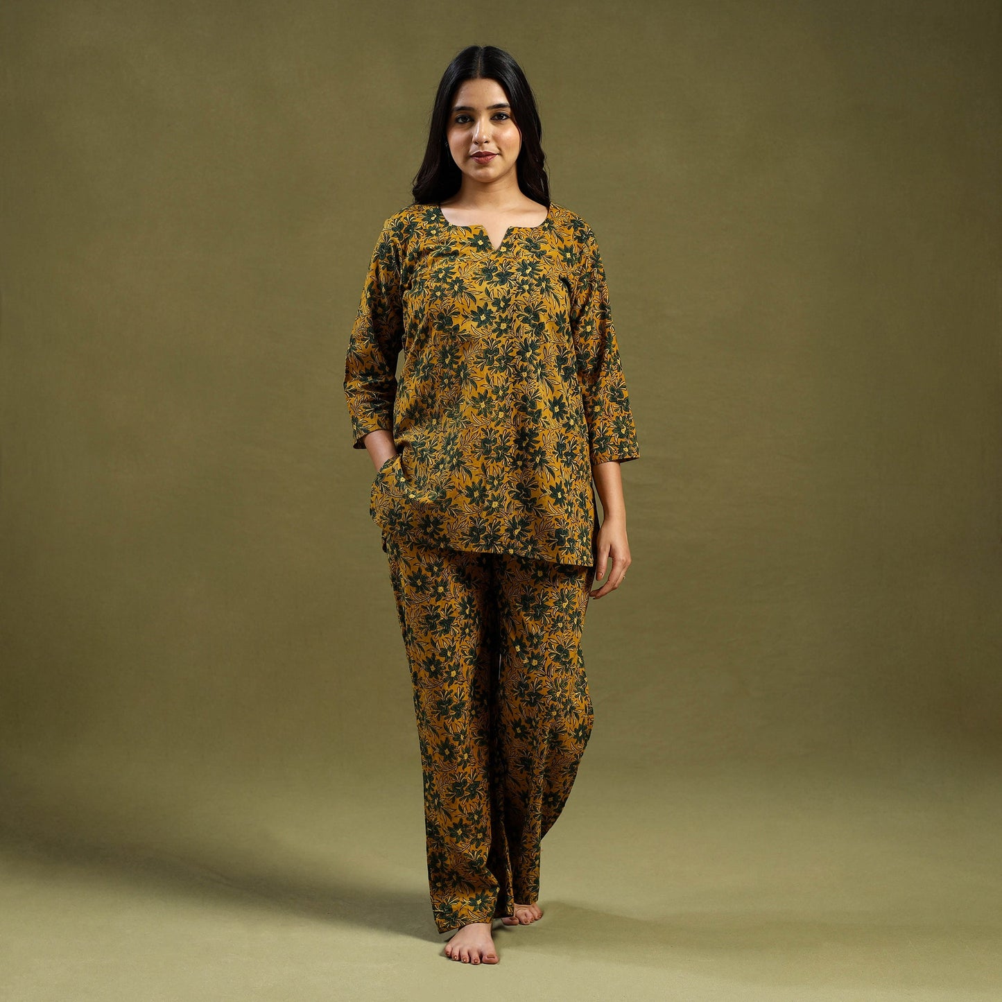 Yellow Cotton Ajrakh Block Print Night Suit Set