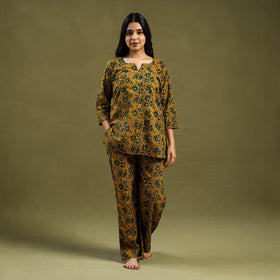 Yellow Cotton Ajrakh Block Print Night Suit Set