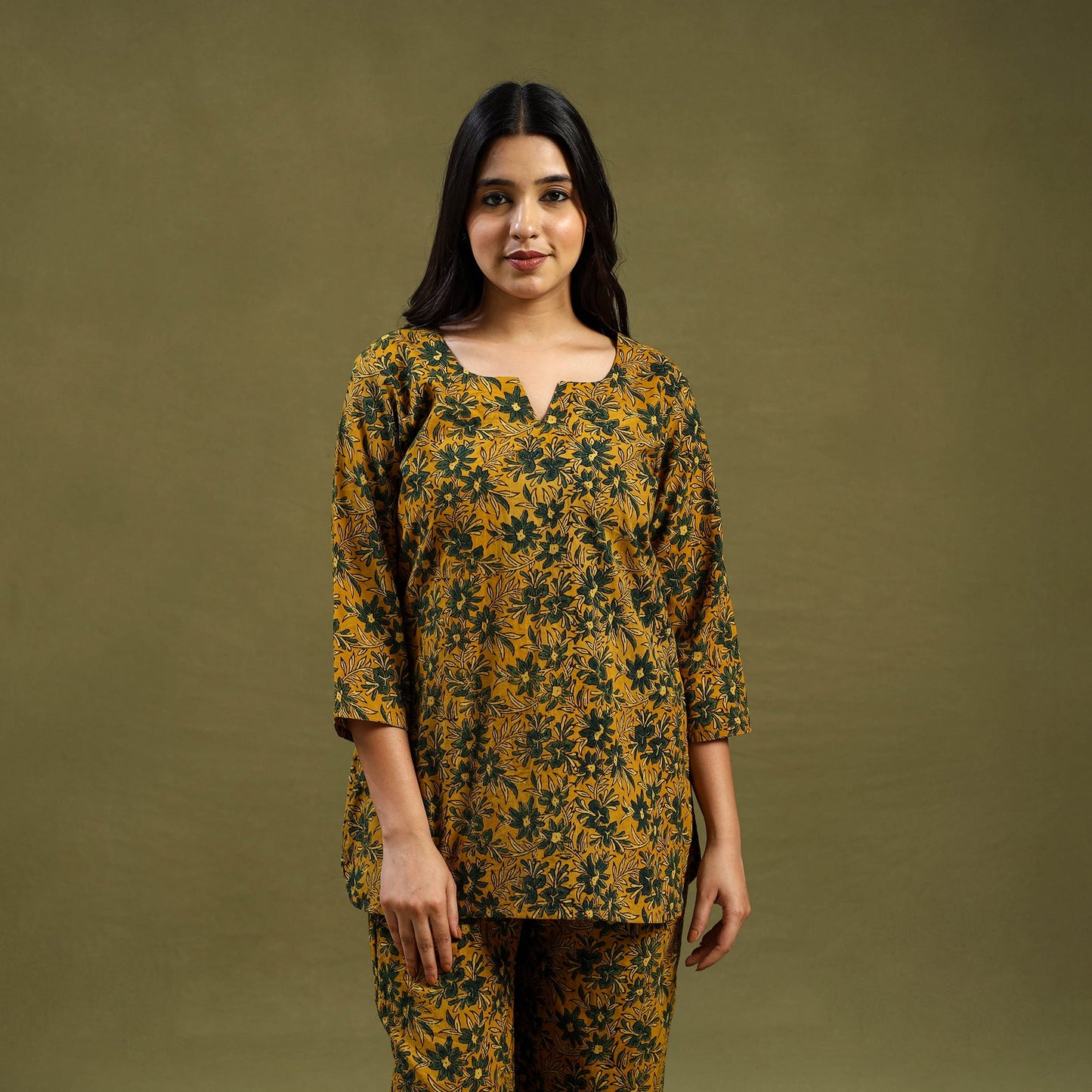 Yellow Cotton Ajrakh Block Print Night Suit Set