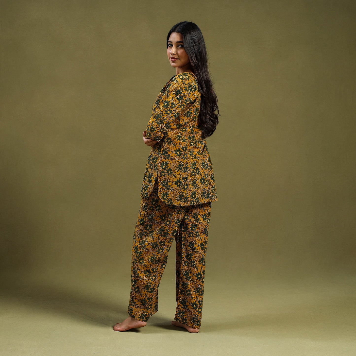 Yellow Cotton Ajrakh Block Print Night Suit Set