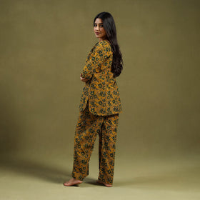 Yellow Cotton Ajrakh Block Print Night Suit Set