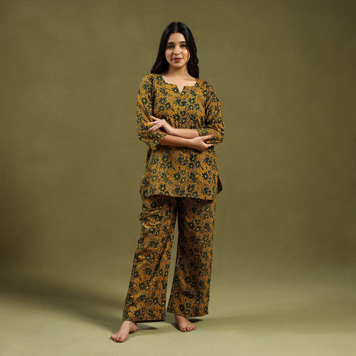 Yellow Cotton Ajrakh Block Print Night Suit Set