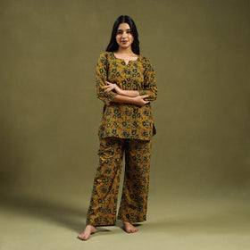 Yellow Cotton Ajrakh Block Print Night Suit Set