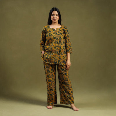Yellow Cotton Ajrakh Block Print Night Suit Set