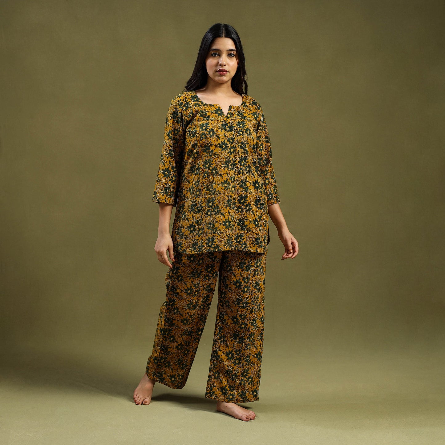 Yellow Cotton Ajrakh Block Print Night Suit Set