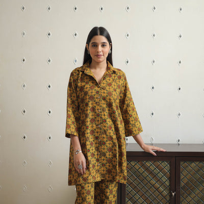Buy Yellow Cotton Ajrakh Block Print Night Suit Set