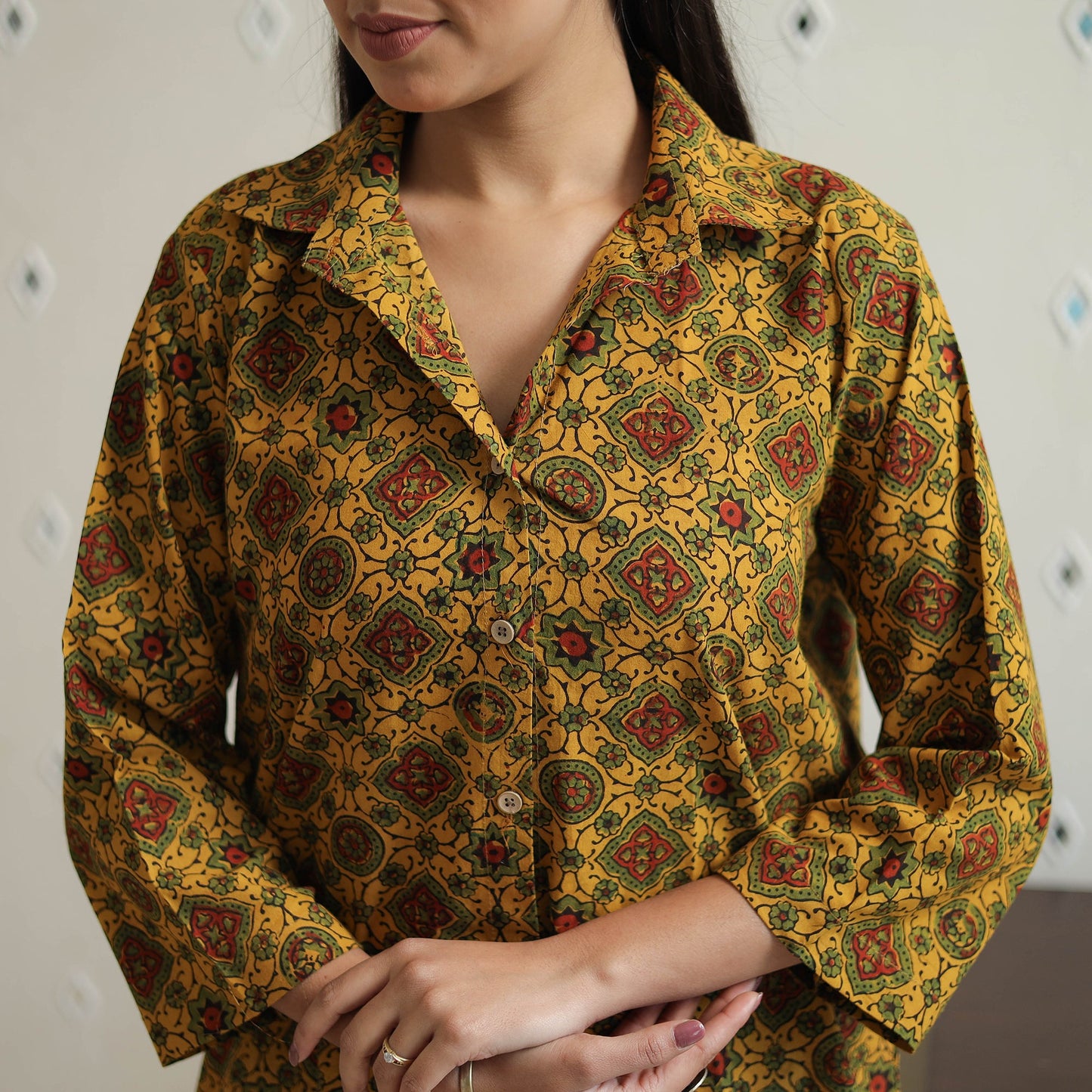 Buy Yellow Cotton Ajrakh Block Print Night Suit Set