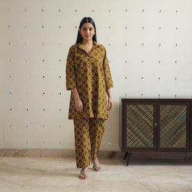 Buy Yellow Cotton Ajrakh Block Print Night Suit Set