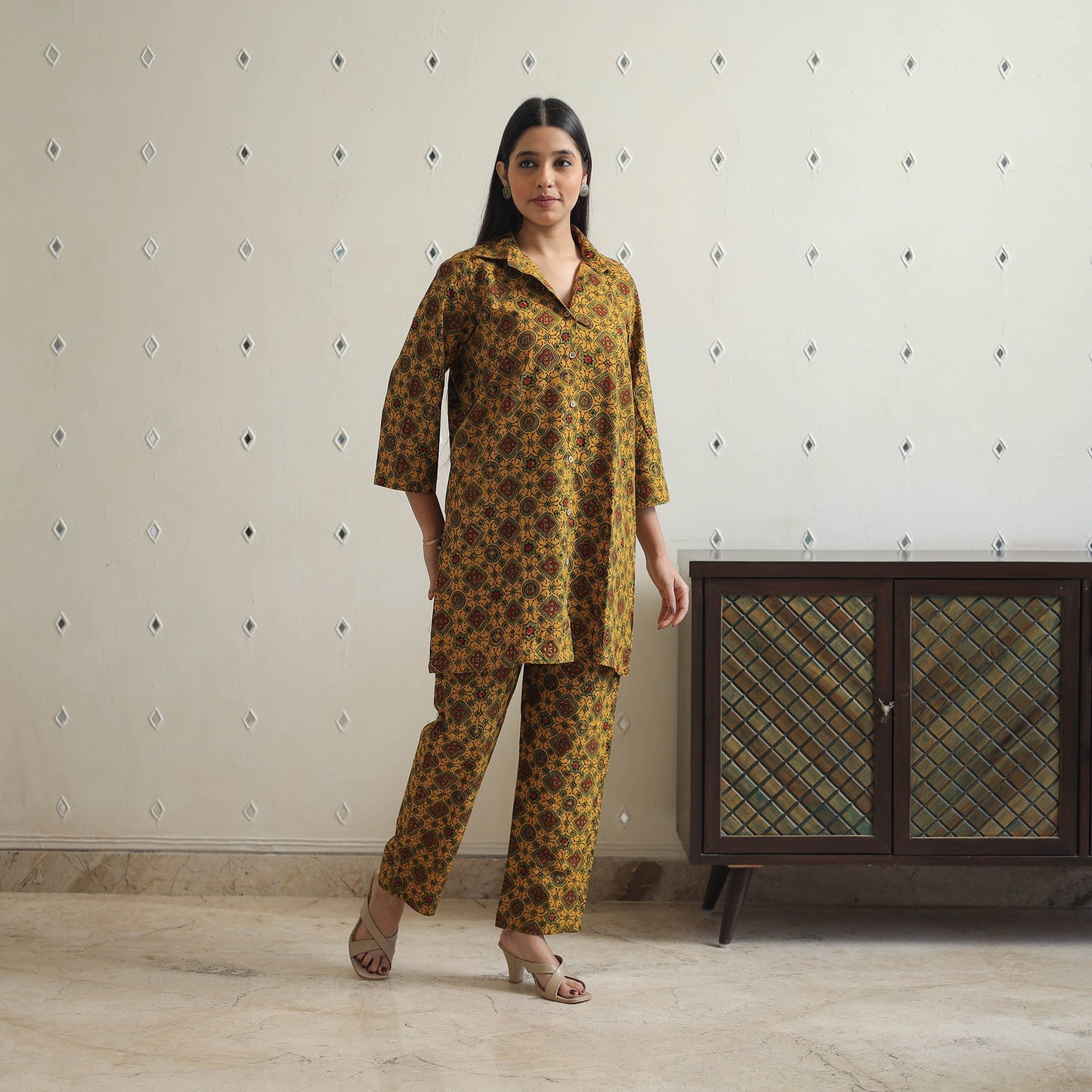 Buy Yellow Cotton Ajrakh Block Print Night Suit Set