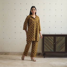 Buy Yellow Cotton Ajrakh Block Print Night Suit Set