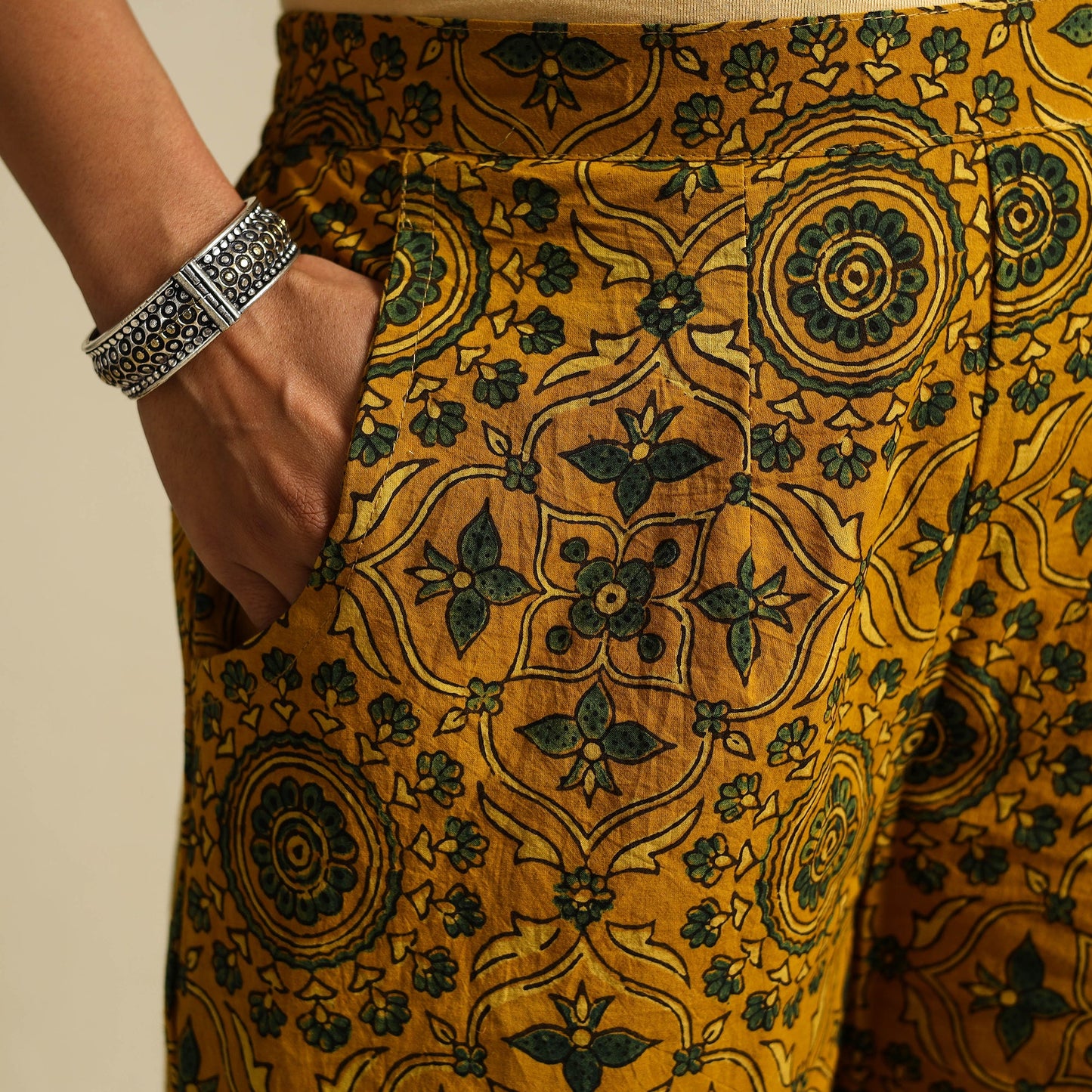 Yellow Block Print Cotton Ajrakh Palazzo