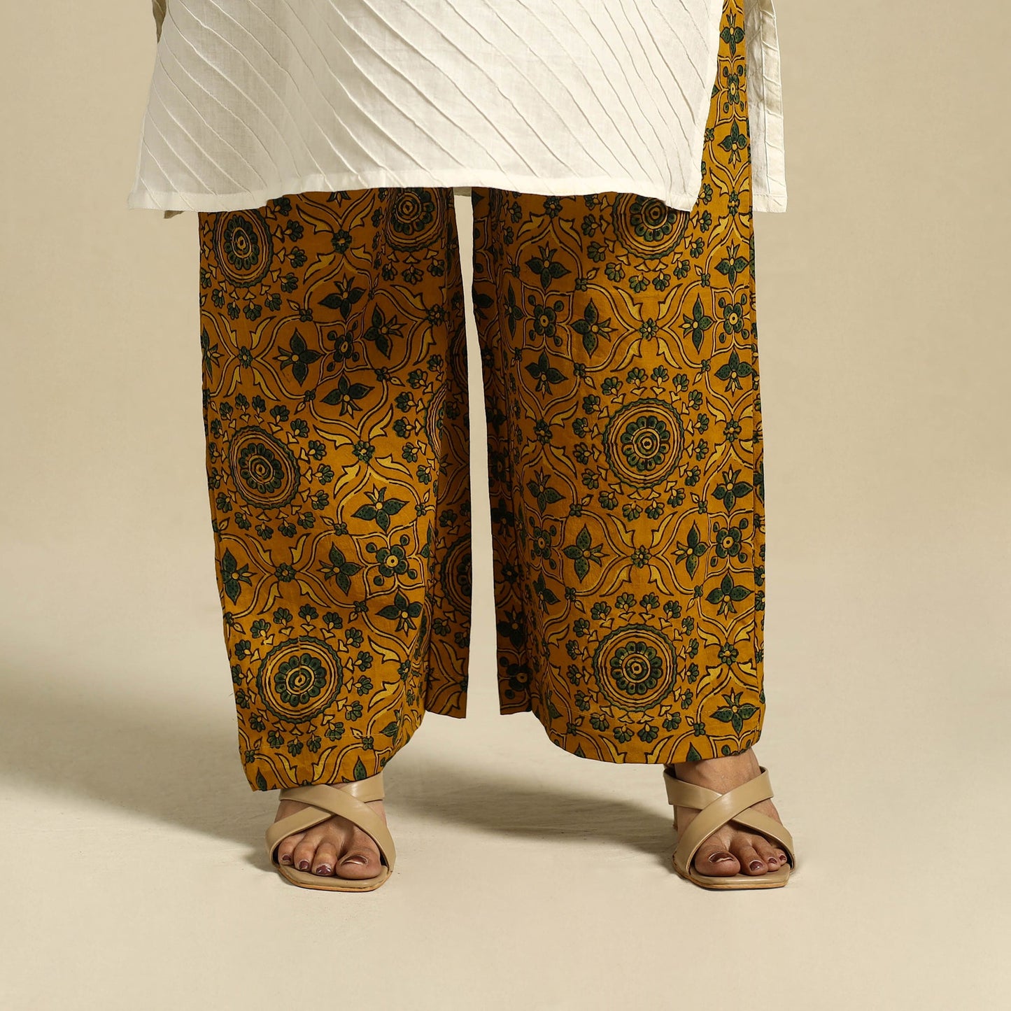 Yellow Block Print Cotton Ajrakh Palazzo