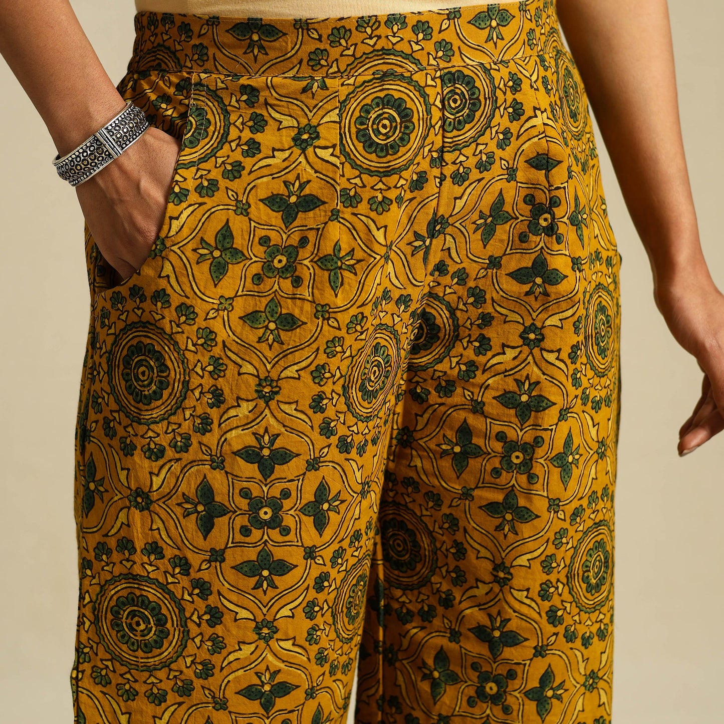 Yellow Block Print Cotton Ajrakh Palazzo