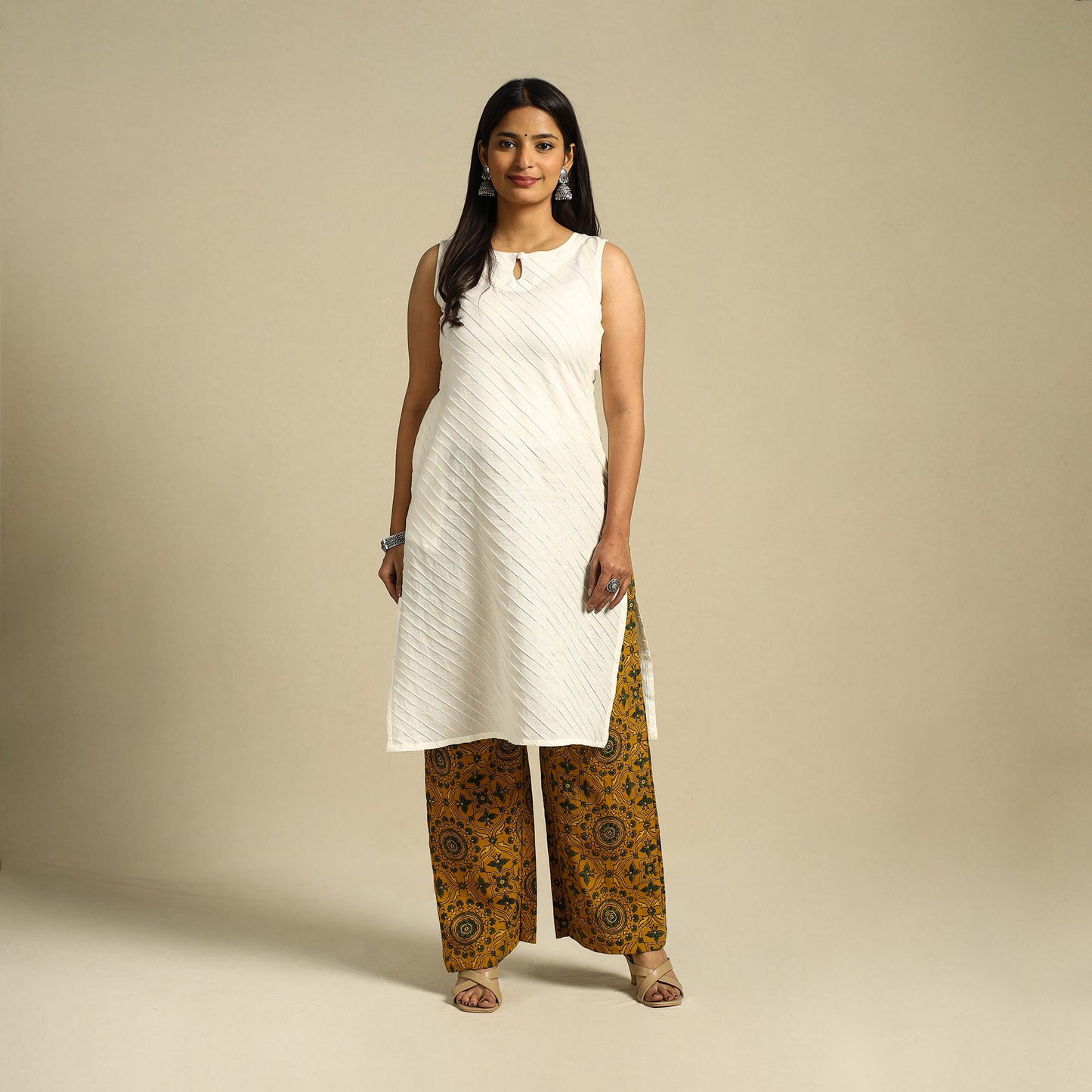 Yellow Block Print Cotton Ajrakh Palazzo