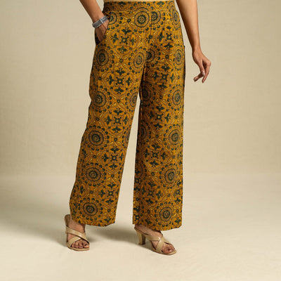 Yellow Block Print Cotton Ajrakh Palazzo
