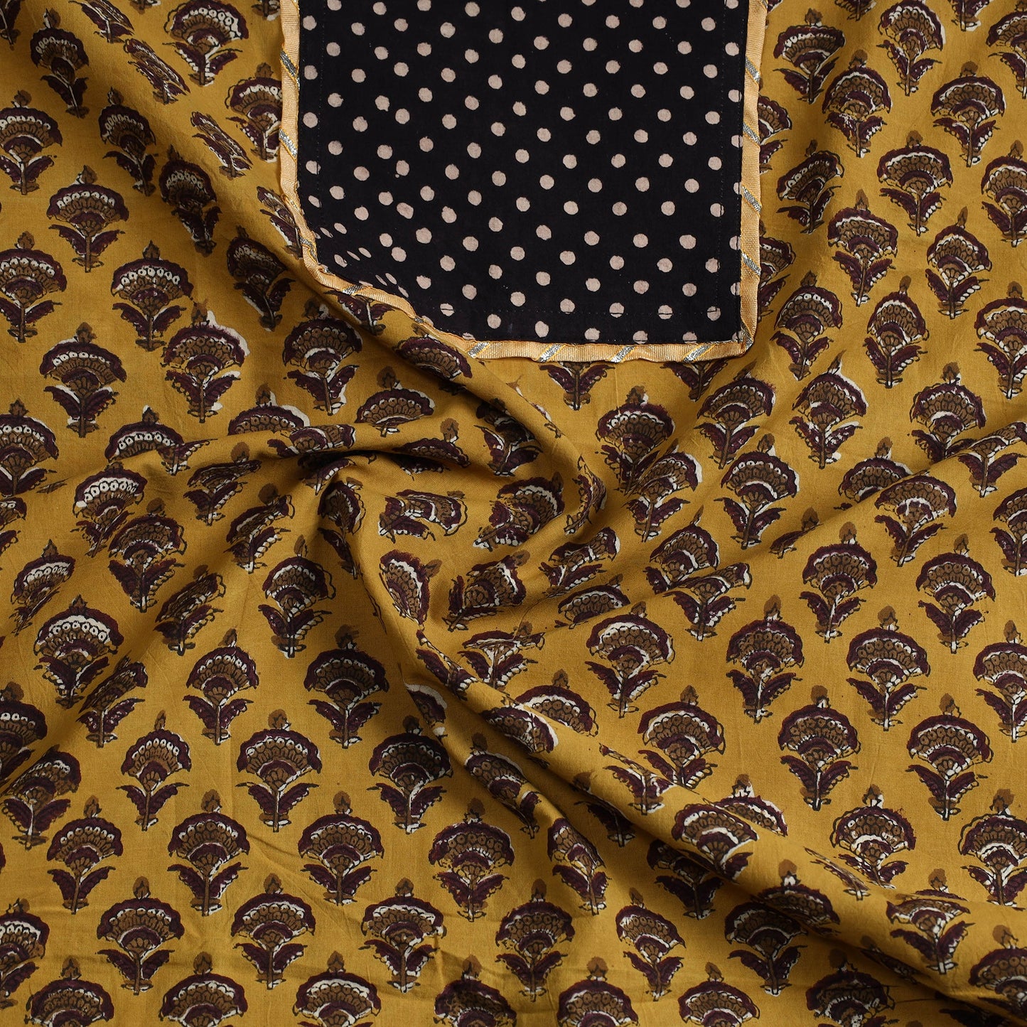 Yellow Ajrakh Print Cotton Patchwork Kurta Material (3m)