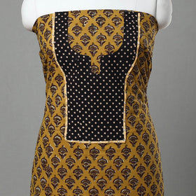 Yellow Ajrakh Print Cotton Patchwork Kurta Material (3m)