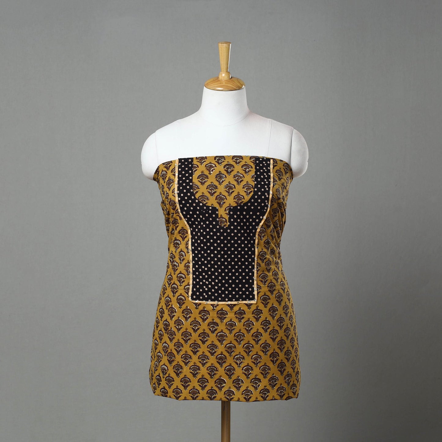 Yellow Ajrakh Print Cotton Patchwork Kurta Material (3m)