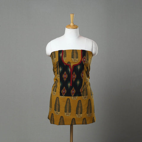 Yellow Ajrakh Print Cotton Patchwork Kurta Material (3m)