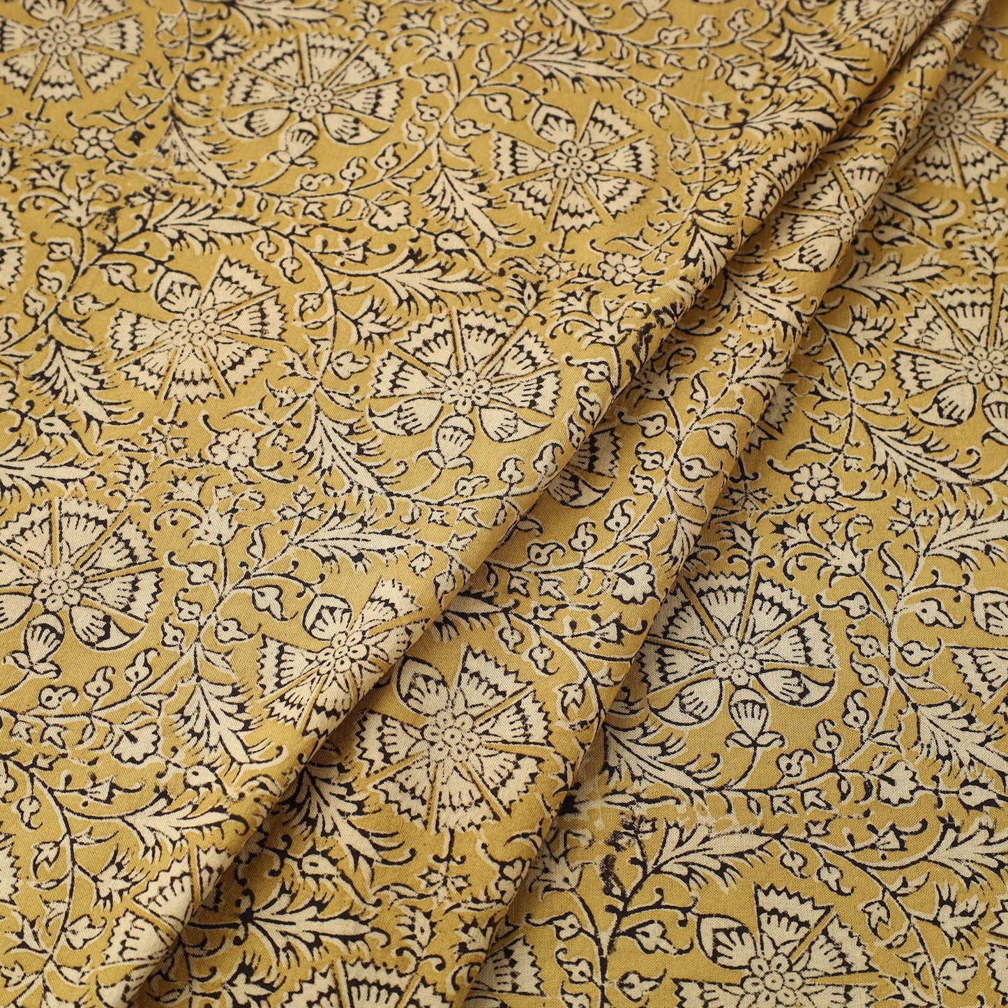  Yellow Block Print Cotton Pedana Kalamkari Fabric