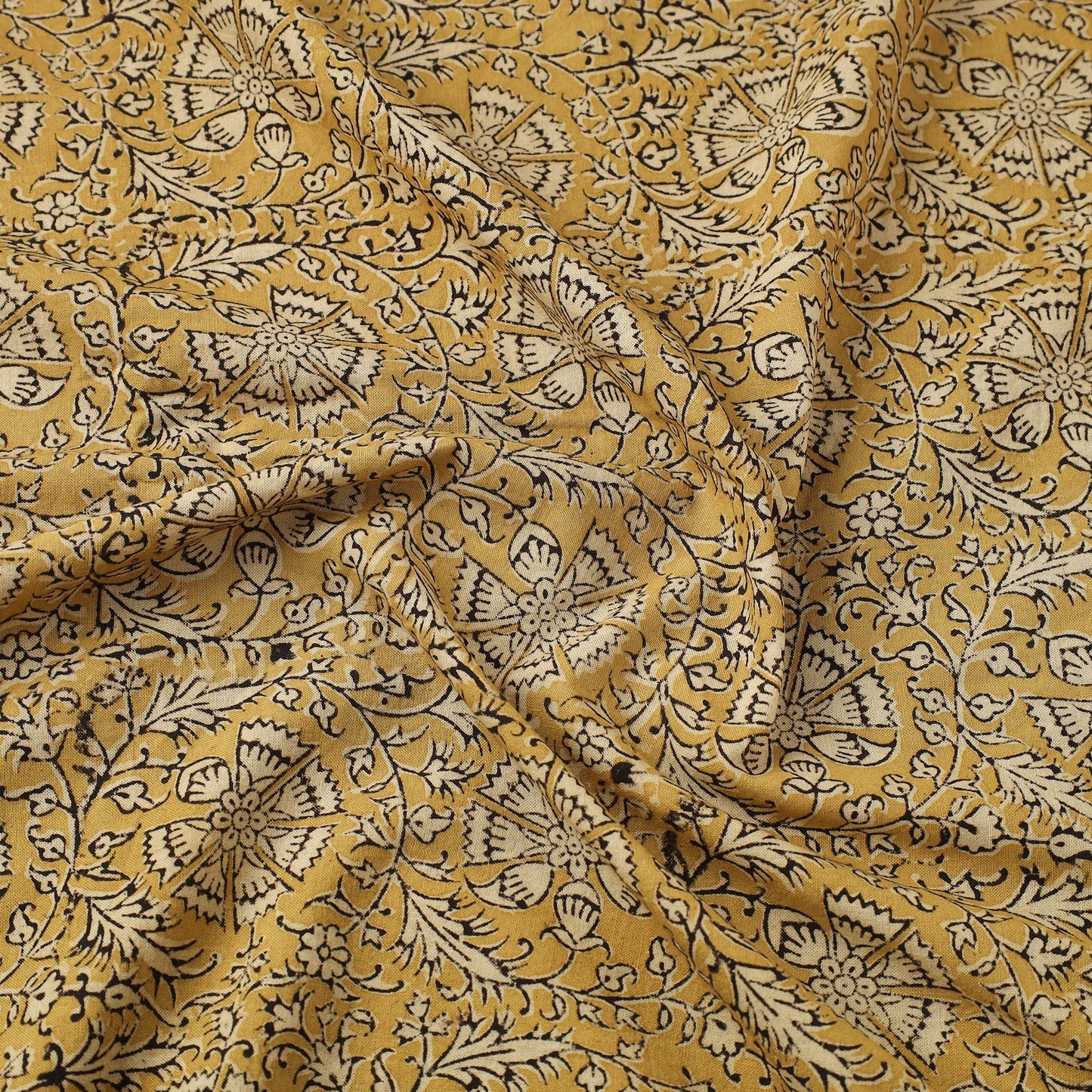  Yellow Block Print Cotton Pedana Kalamkari Fabric