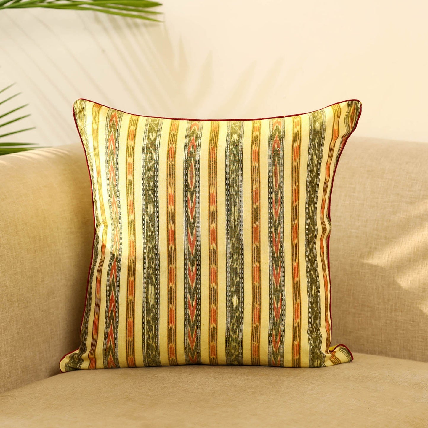 Yellow Cotton Pochampally Double Ikat Cushion Cover 