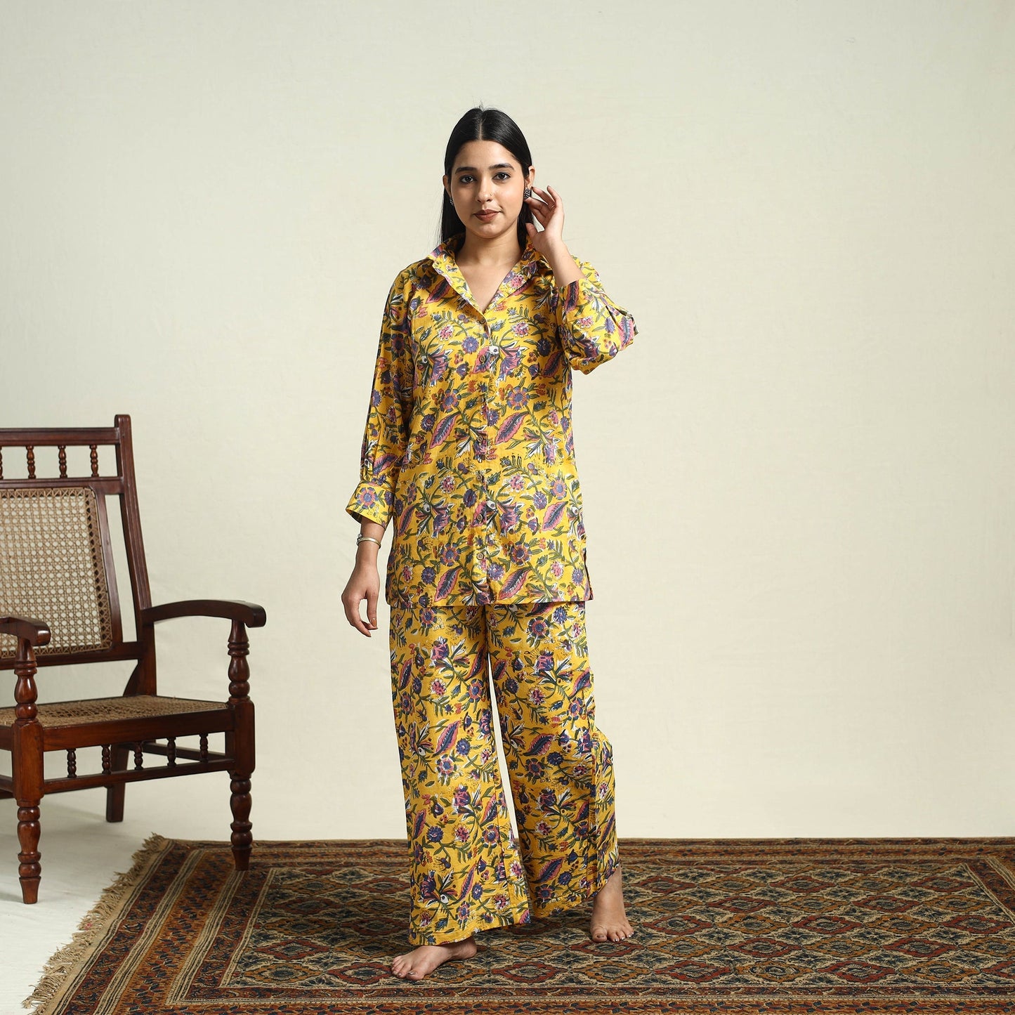 Buy Cotton Yellow Sanganeri Block Print Night Suit Set Online 