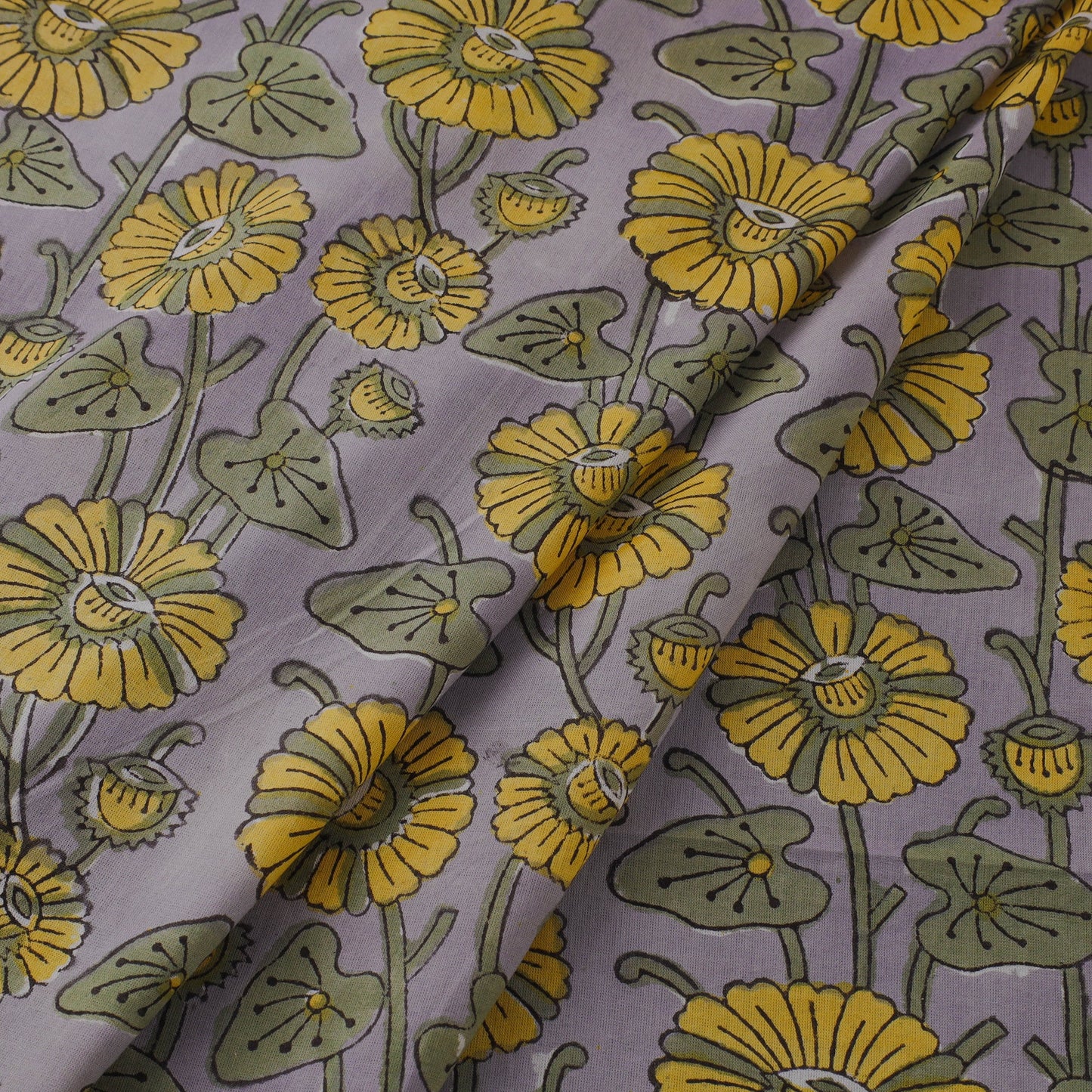 Yellow Block Print Cotton Sanganeri Fabric