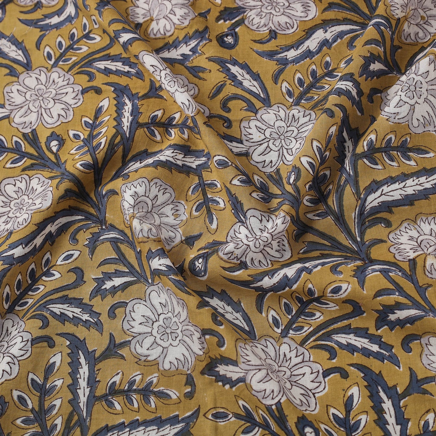 Yellow Block Print Cotton Sanganeri Fabric