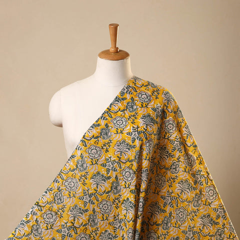 Yellow Block Print Cotton Sanganeri Fabric