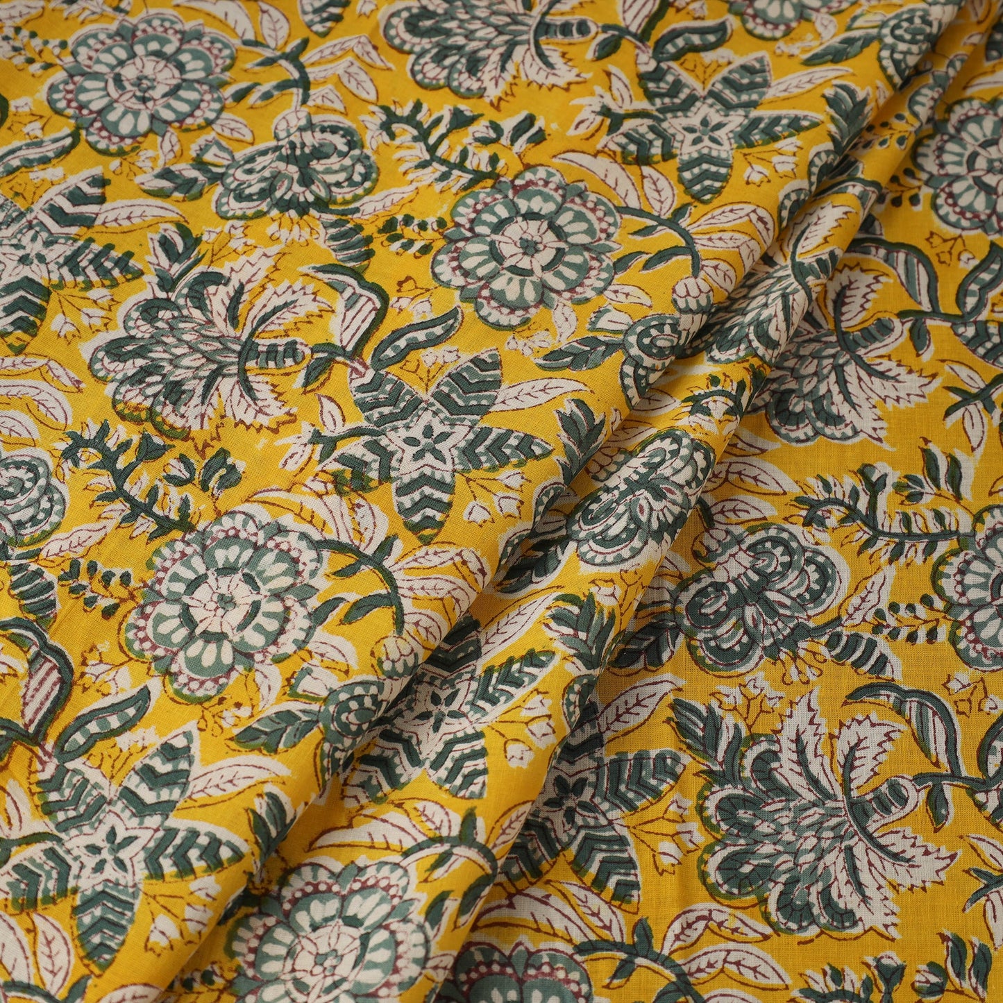 Yellow Block Print Cotton Sanganeri Fabric