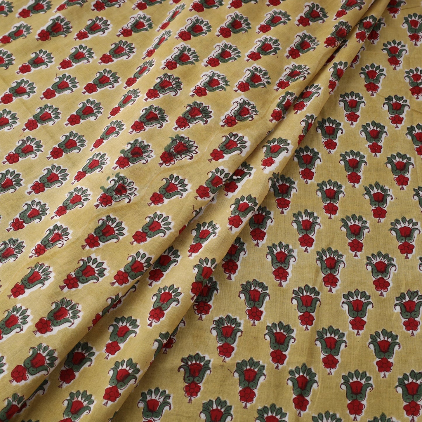 Yellow Block Print Cotton Sanganeri Fabric