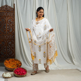 Yellow Block Print Cotton Sanganeri Kurta Set