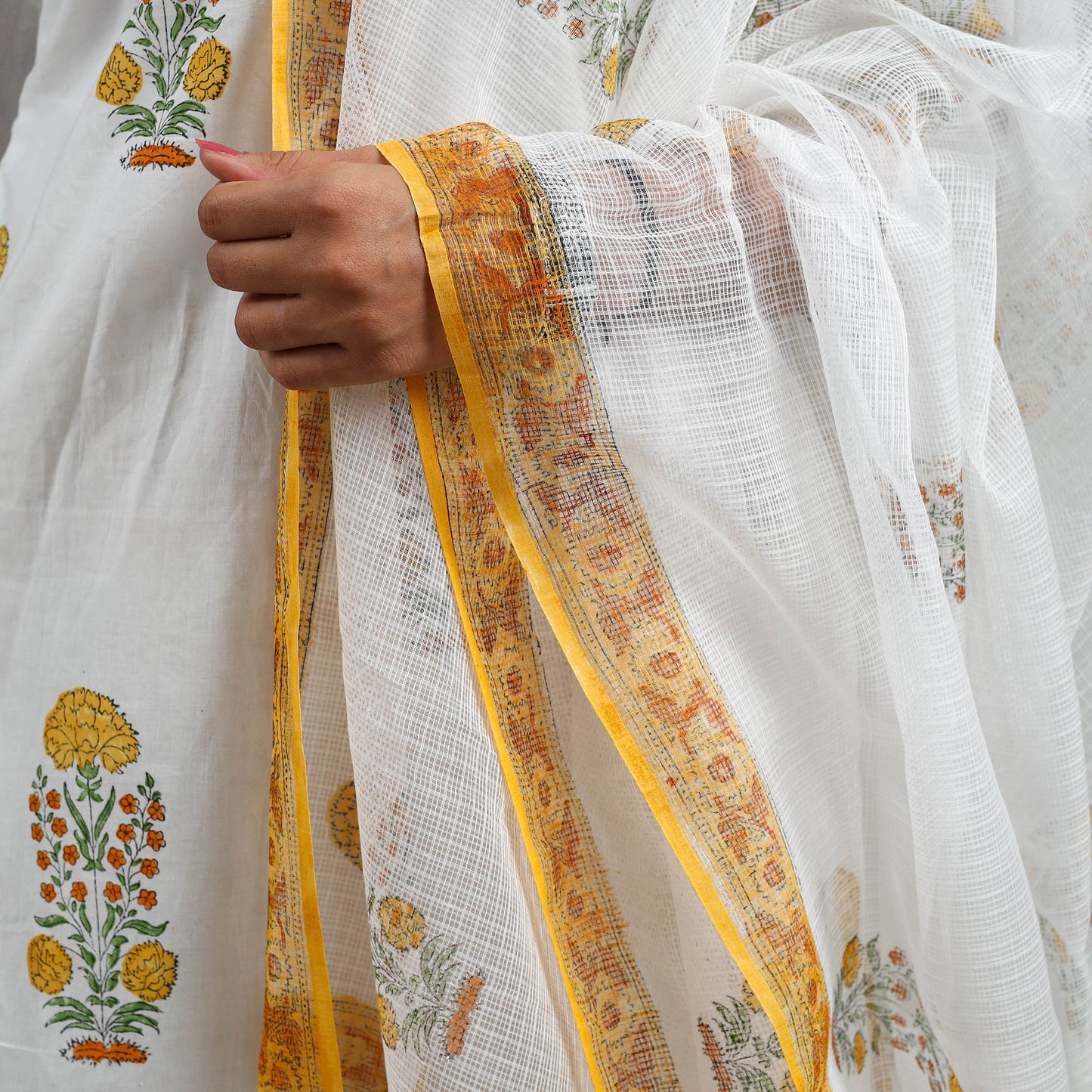 Yellow Block Print Cotton Sanganeri Kurta Set