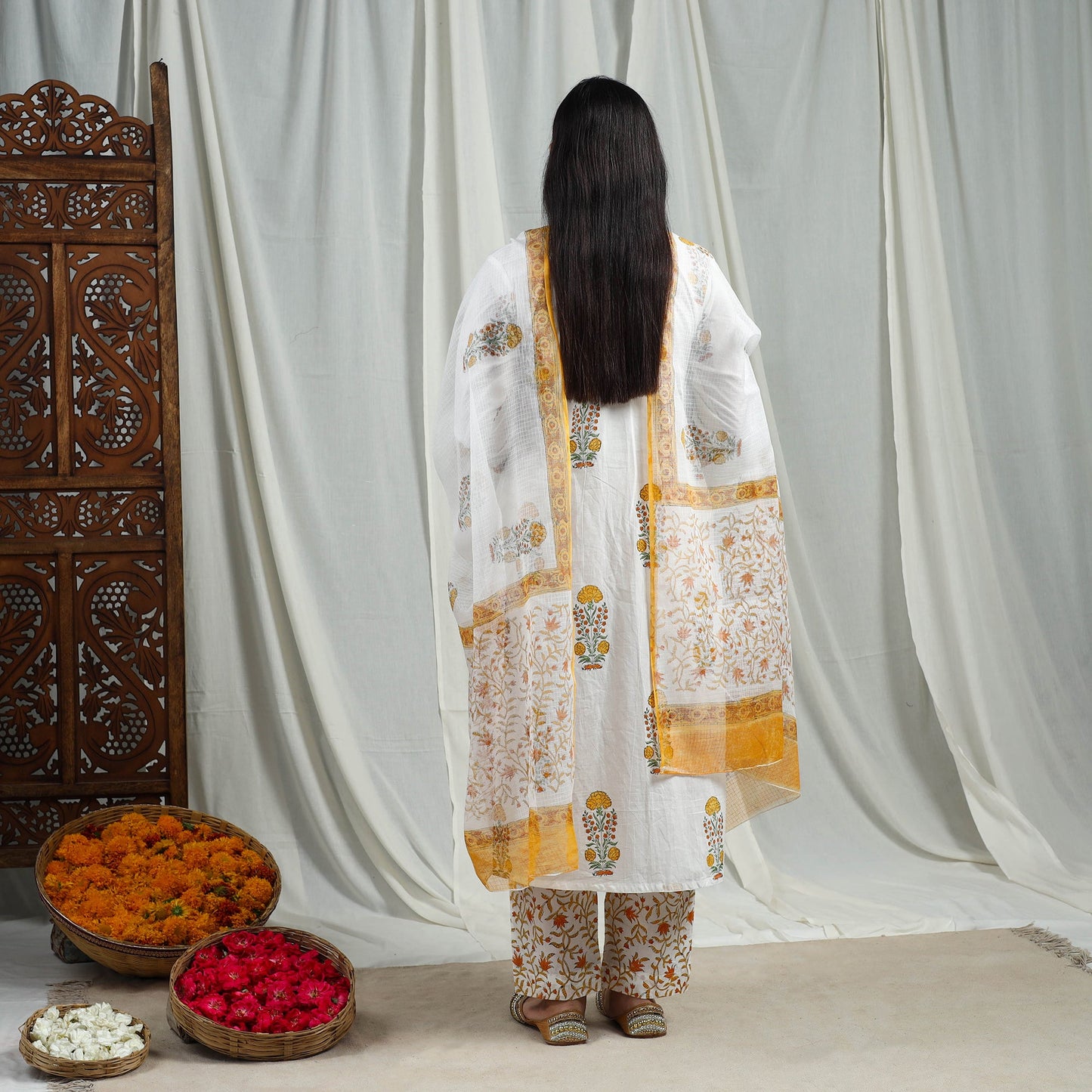 Yellow Block Print Cotton Sanganeri Kurta Set