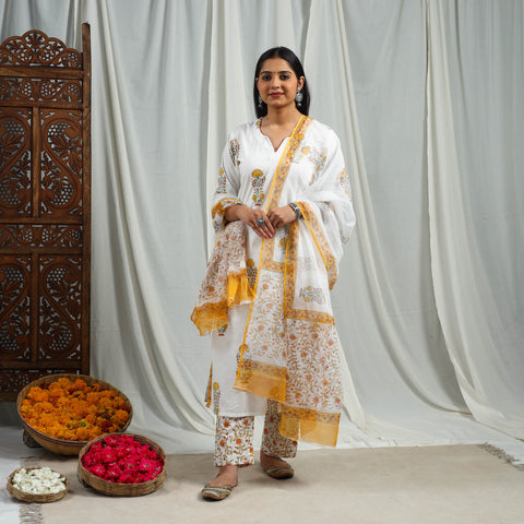 Yellow Block Print Cotton Sanganeri Kurta Set