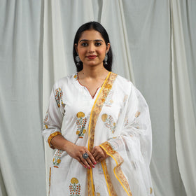 Yellow Block Print Cotton Sanganeri Kurta Set