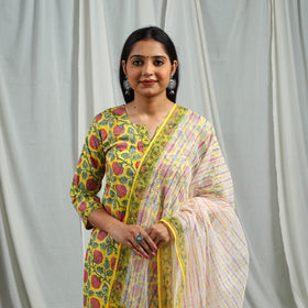  Yellow Block Print Cotton Sanganeri Kurta Set