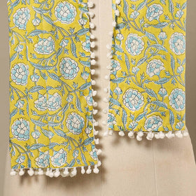 Yellow Block Print Cotton Sanganeri Stole with Pom Pom