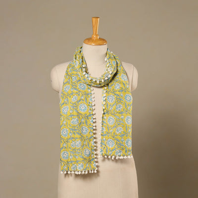 Yellow Block Print Cotton Sanganeri Stole with Pom Pom