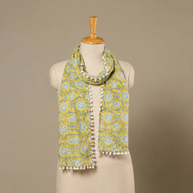 Yellow Block Print Cotton Sanganeri Stole with Pom Pom