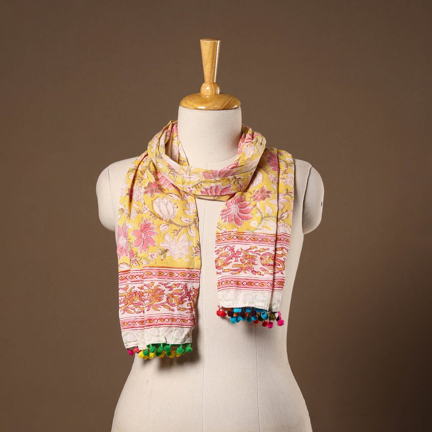 Yellow - cotton sanganeri stole with pom 33 - handcrafted