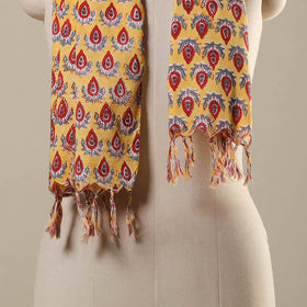 Yellow Block Print Cotton Sanganeri Stole with Tassels