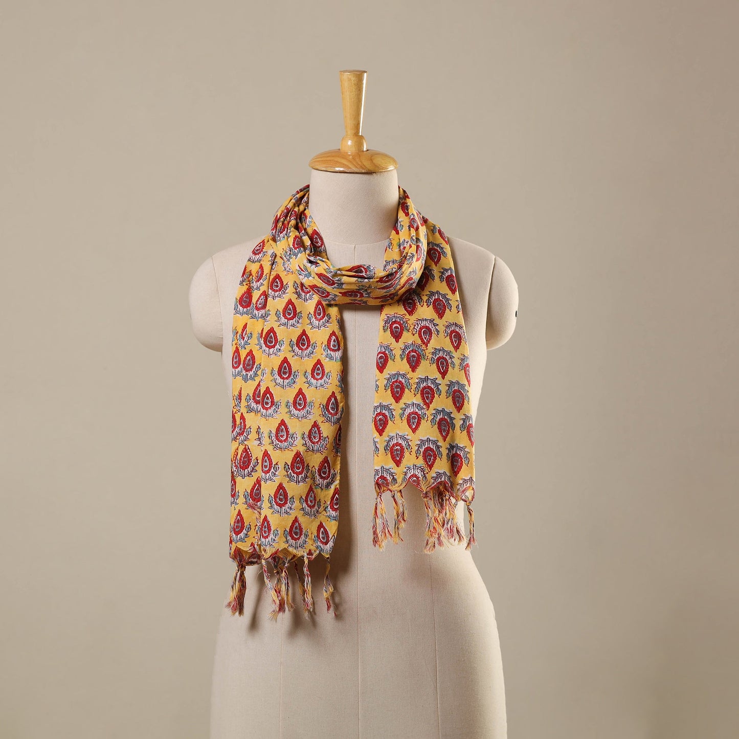 Yellow Block Print Cotton Sanganeri Stole with Tassels